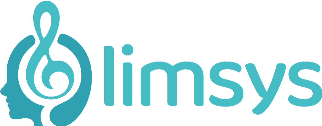 Logo von limsys – eine stilisierte menschliche Silhouette mit einem Notenschlüssel im Kopf, kombiniert mit dem Schriftzug 'limsys' in türkiser Farbe.